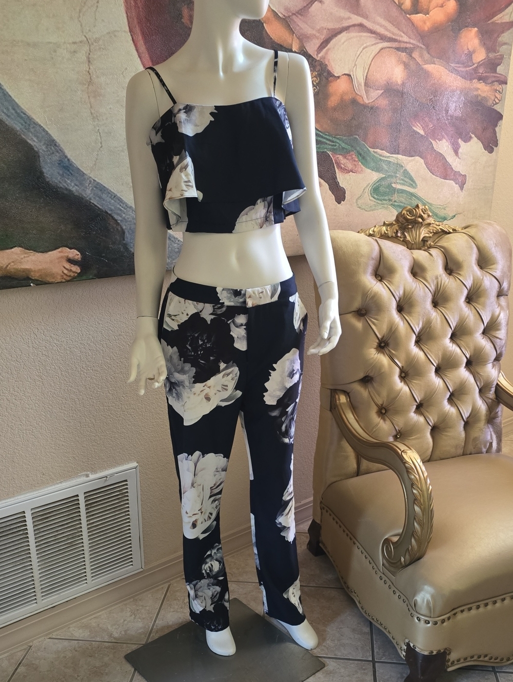 Fashion Nova Navy & White Floral Crop Top and Straight Leg Pants Set